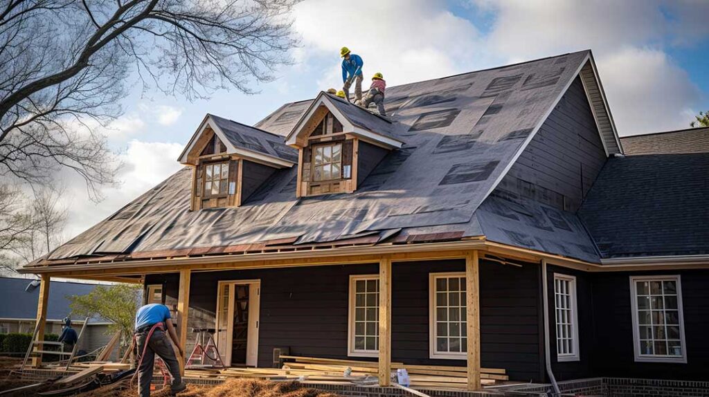 Homeowner examining roof shingles and gutters from the ground beside a house after winter.