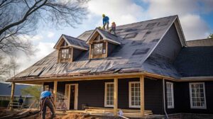 Homeowner examining roof shingles and gutters from the ground beside a house after winter.